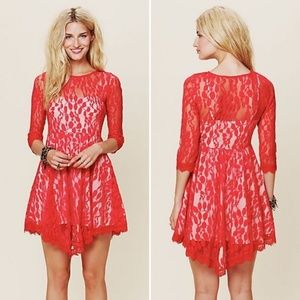 Women's Free People Dress Red Floral Mesh Lace Sca